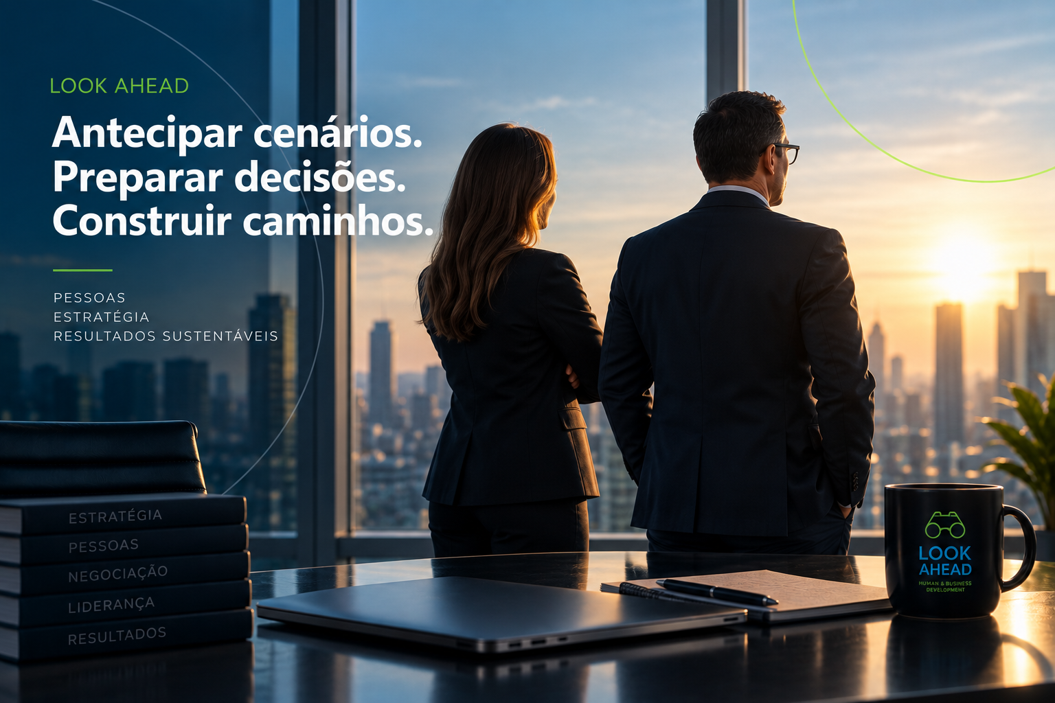 Executivos observando o horizonte em um ambiente corporativo da Look Ahead